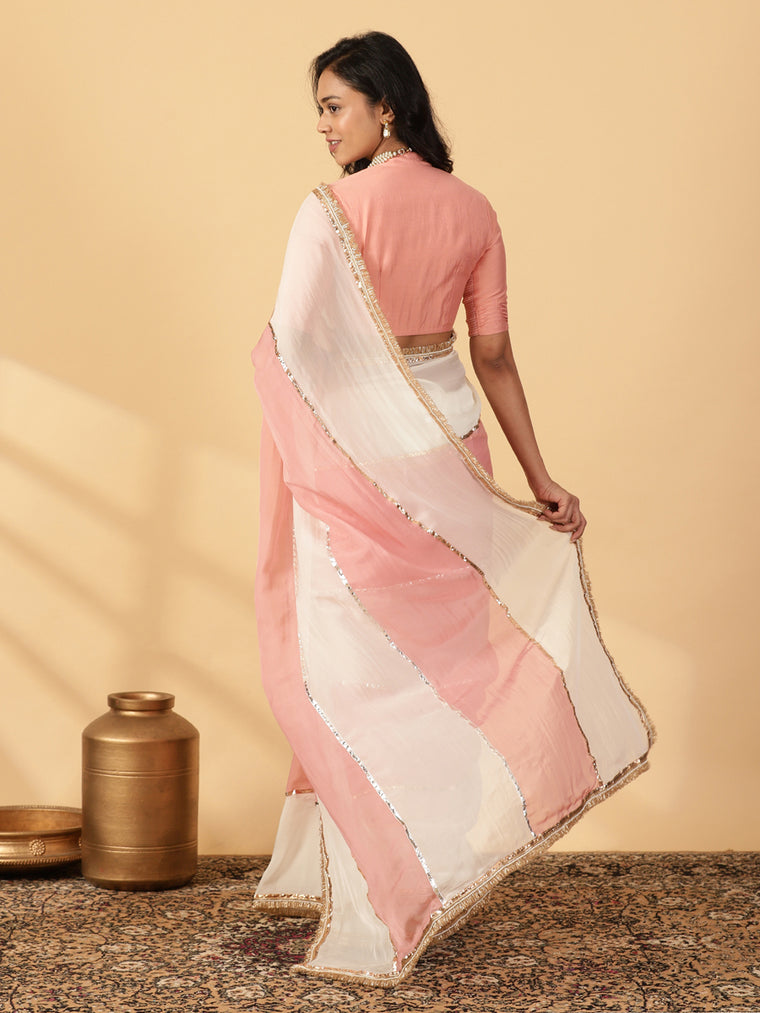 Cloudy Pink & Frost White Viscose Organza Multi Panelled Saree With Designer Lace, in Pink Viscose Organza (view 2).