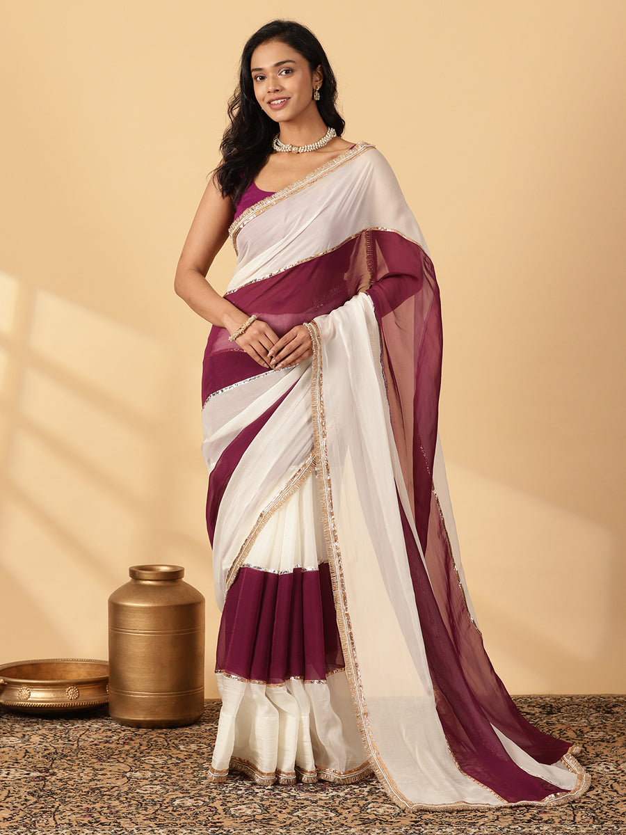 Velvet Plum & Frost White Viscose Organza Multi Panelled Saree With Designer Lace, in Maroon Viscose Organza.