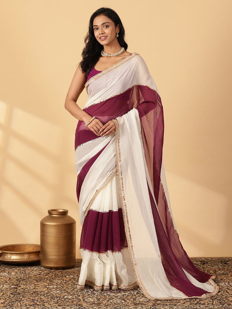 Velvet Plum & Frost White Viscose Organza Multi Panelled Saree With Designer Lace, in Maroon Viscose Organza.