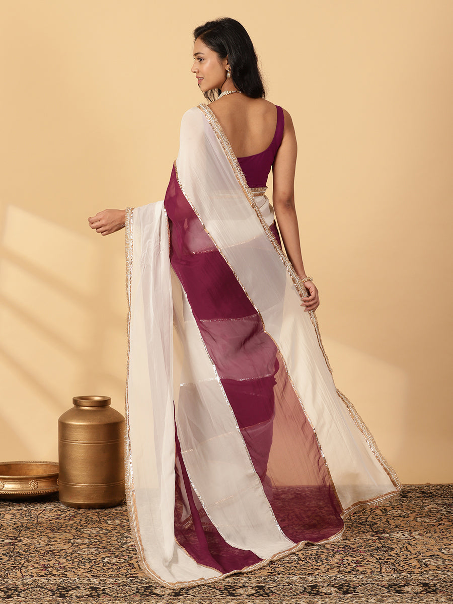 Velvet Plum & Frost White Viscose Organza Multi Panelled Saree With Designer Lace, in Maroon Viscose Organza (view 2).