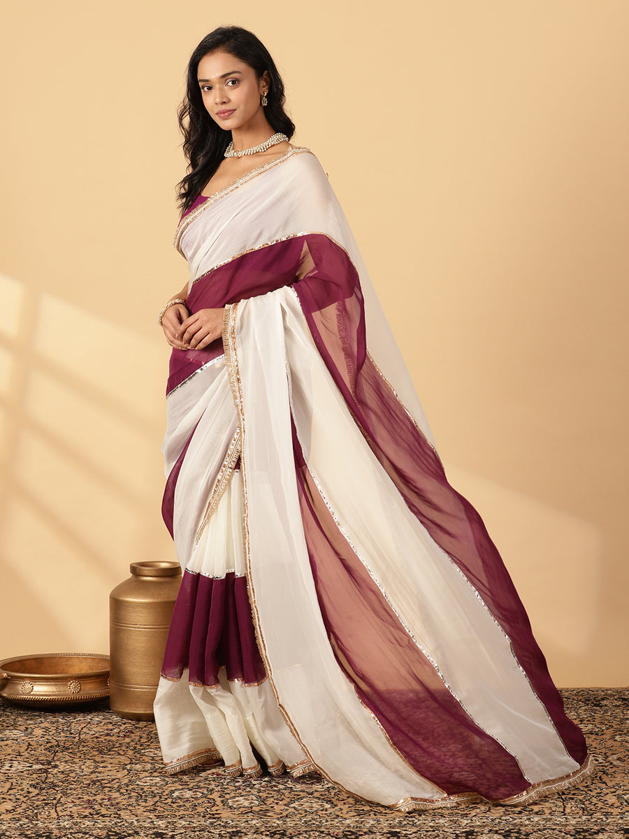 Velvet Plum & Frost White Viscose Organza Multi Panelled Saree With Designer Lace, in Maroon Viscose Organza (view 3).
