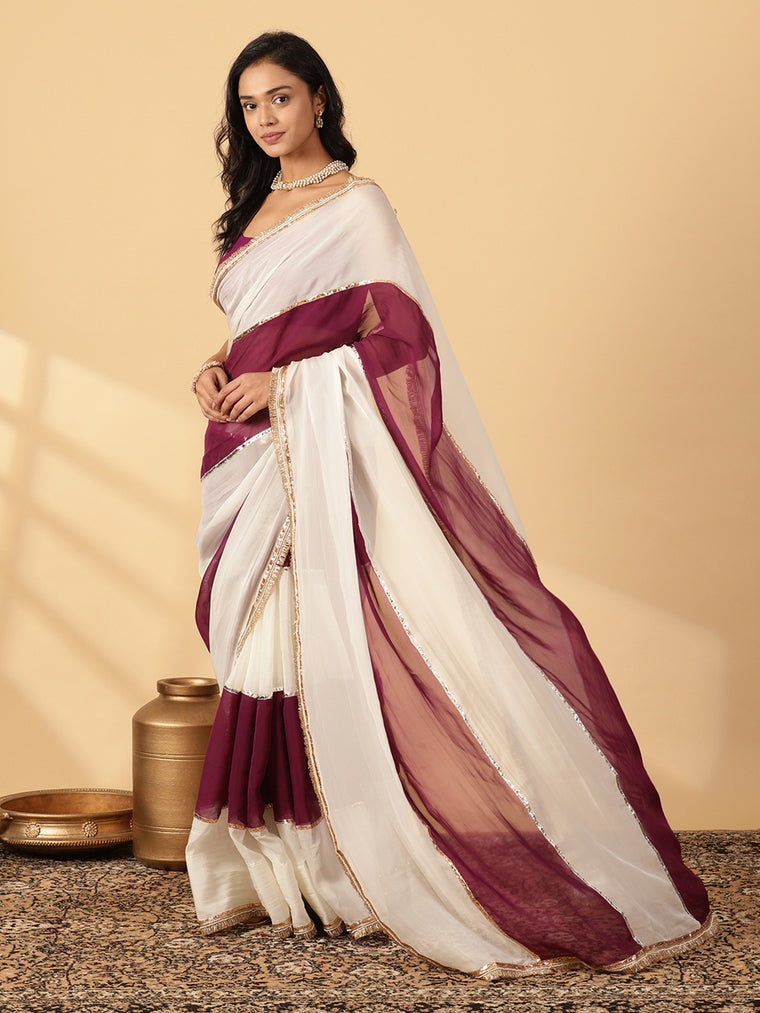 Velvet Plum & Frost White Viscose Organza Multi Panelled Saree With Designer Lace, in Maroon Viscose Organza (view 3).
