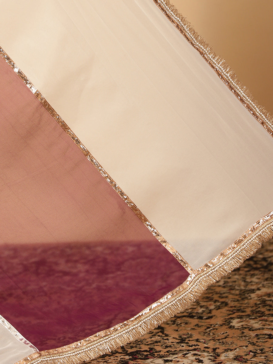 Velvet Plum & Frost White Viscose Organza Multi Panelled Saree With Designer Lace, in Maroon Viscose Organza (view 6).