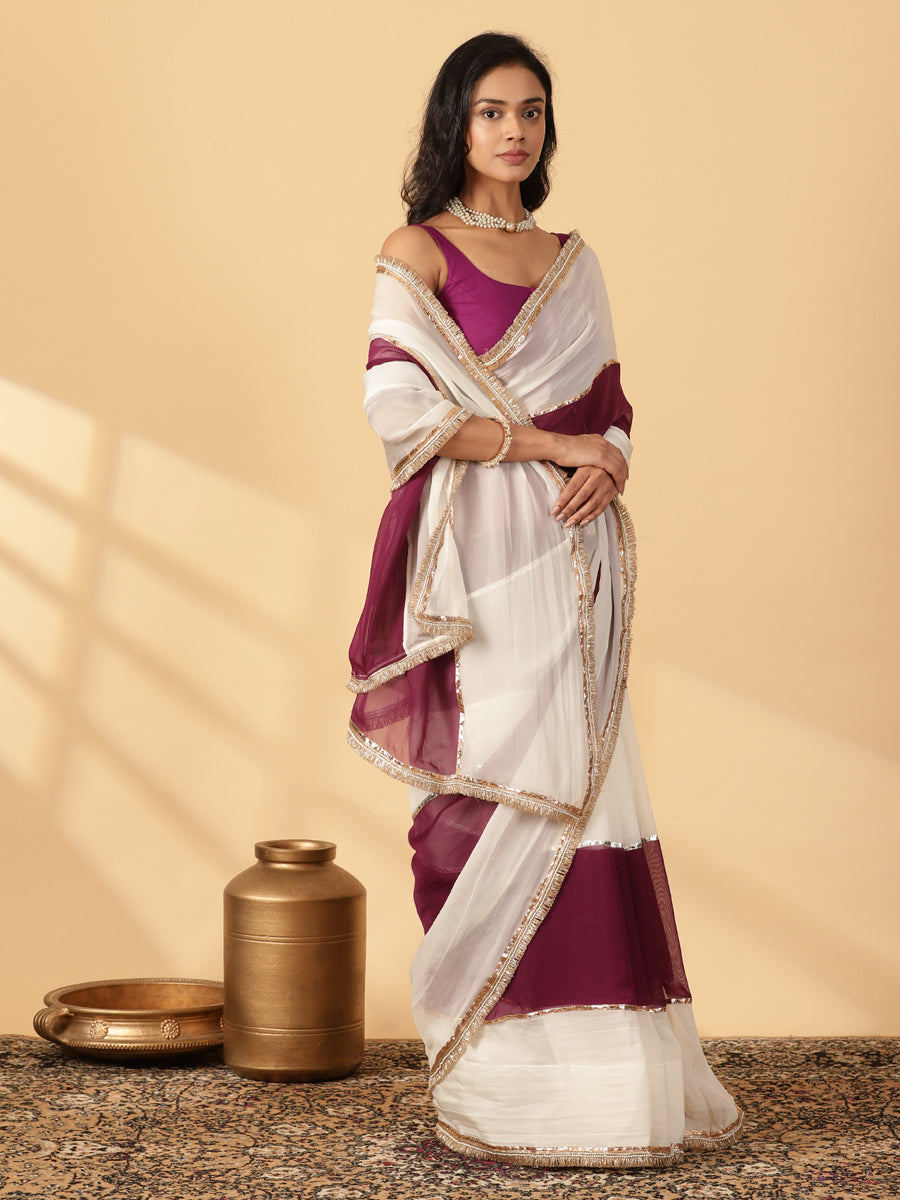 Velvet Plum & Frost White Viscose Organza Multi Panelled Saree With Designer Lace, in Maroon Viscose Organza (view 7).
