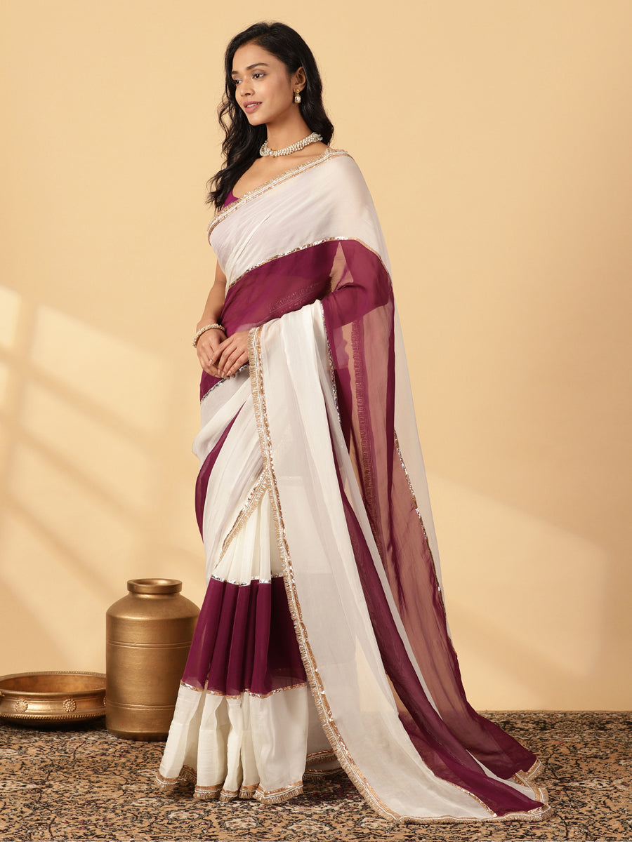 Velvet Plum & Frost White Viscose Organza Multi Panelled Saree With Designer Lace, in Maroon Viscose Organza (view 8).