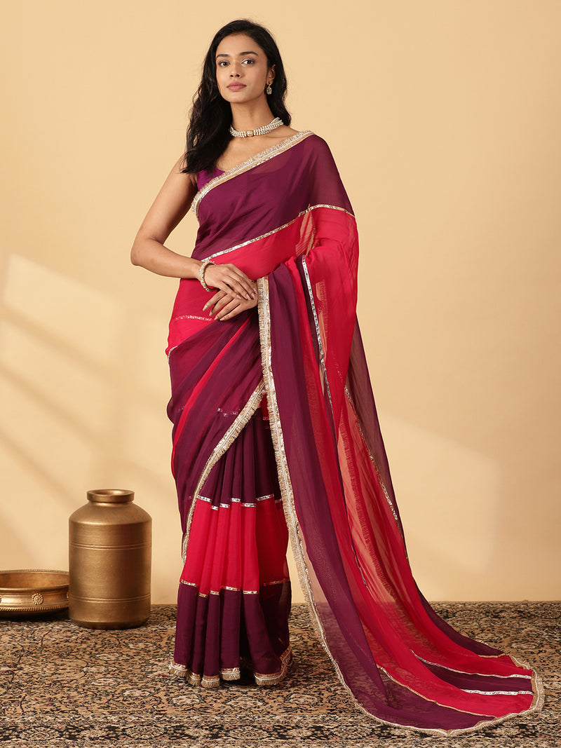 Velvet Plum & Pink Rush Viscose Organza Multi Panelled Saree With Designer Lace-Binks