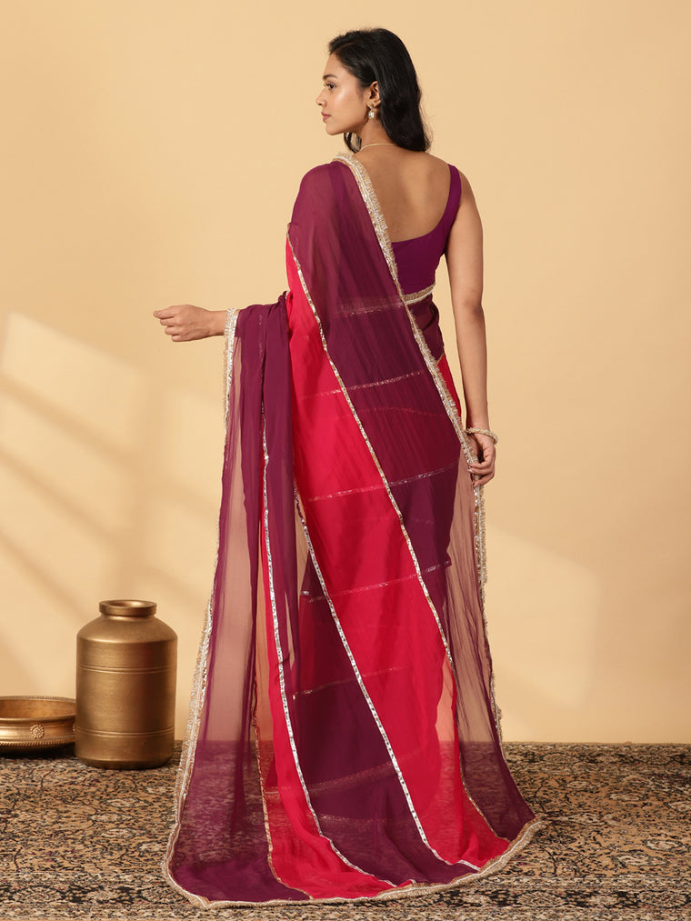 Velvet Plum & Pink Rush Viscose Organza Multi Panelled Saree With Designer Lace, in Pink Viscose Organza (view 2).