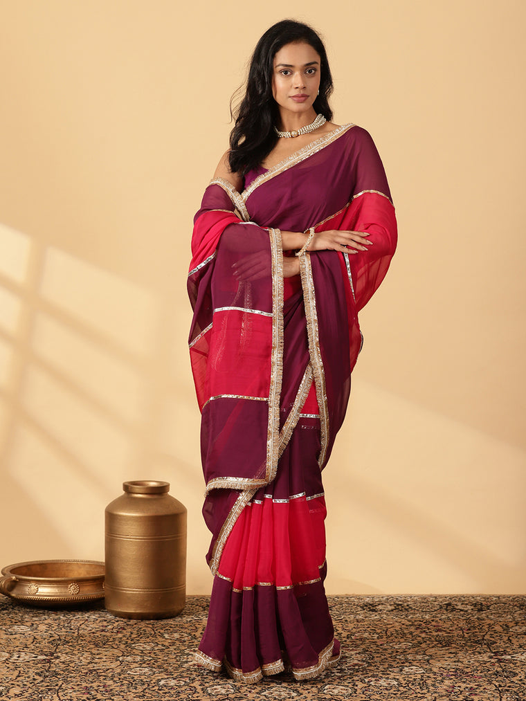 Velvet Plum & Pink Rush Viscose Organza Multi Panelled Saree With Designer Lace, in Pink Viscose Organza (view 3).