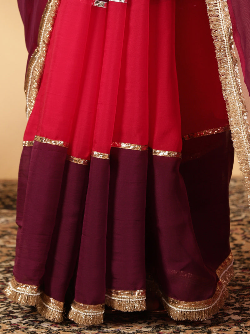 Velvet Plum & Pink Rush Viscose Organza Multi Panelled Saree With Designer Lace-Binks