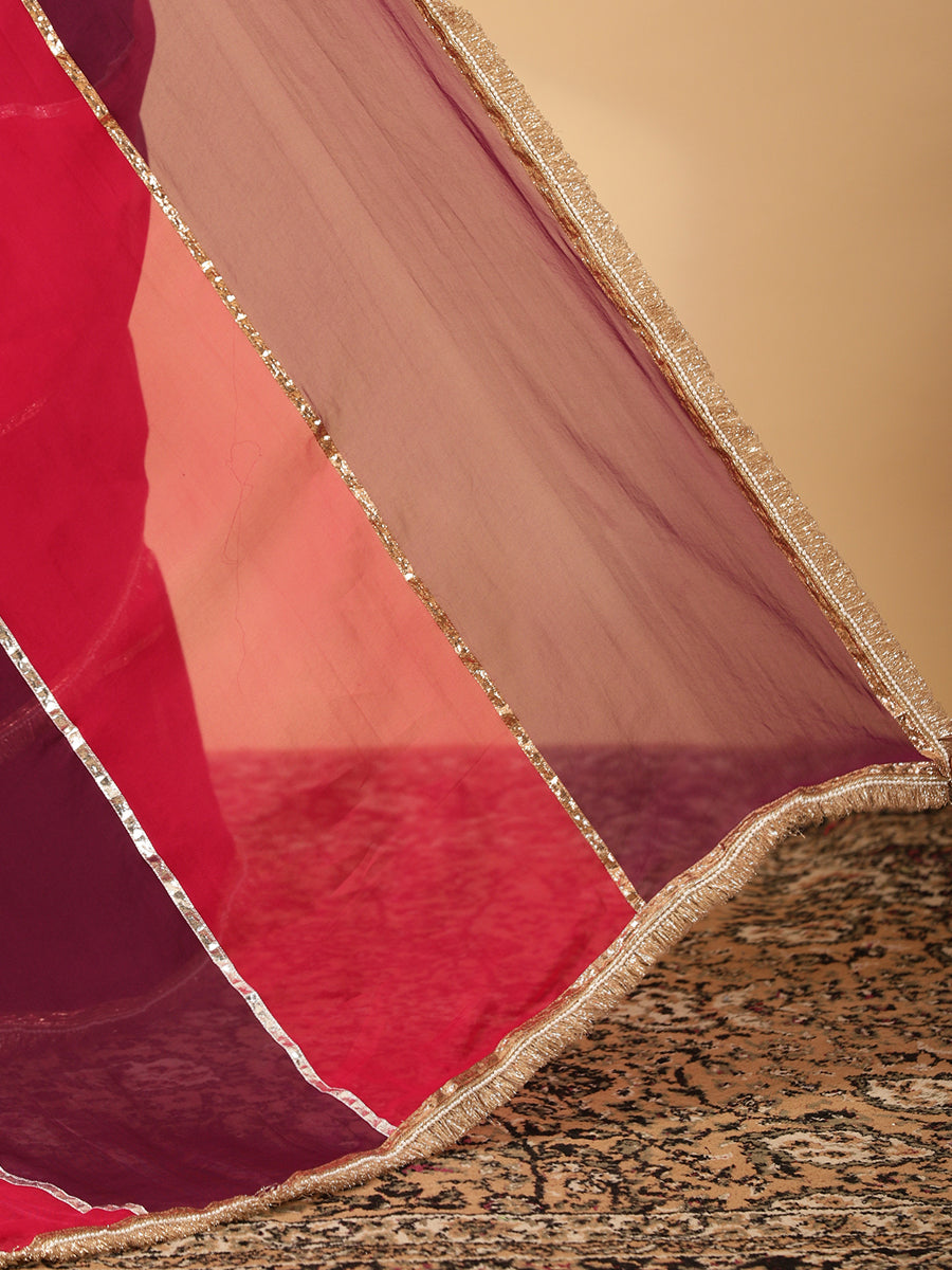 Velvet Plum & Pink Rush Viscose Organza Multi Panelled Saree With Designer Lace, in Pink Viscose Organza (view 6).