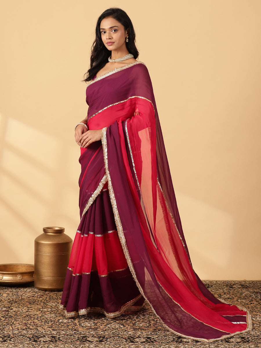 Velvet Plum & Pink Rush Viscose Organza Multi Panelled Saree With Designer Lace, in Pink Viscose Organza (view 8).