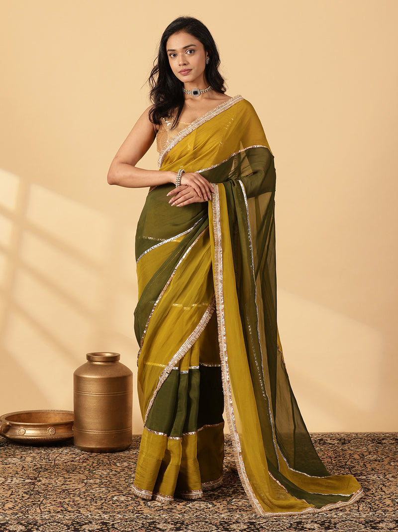 Harvest Green & Amber Olive Viscose Organza Multi Panelled Saree With Designer Lace-Binks