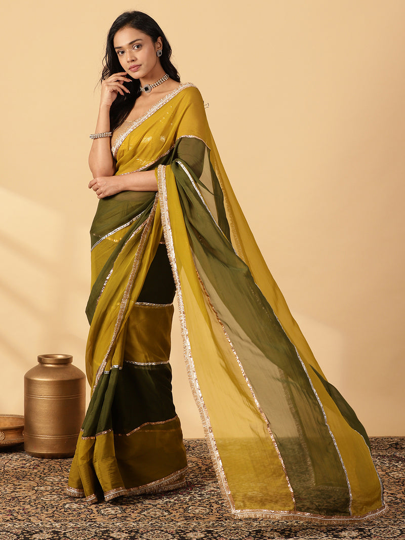 Harvest Green & Amber Olive Viscose Organza Multi Panelled Saree With Designer Lace-Binks