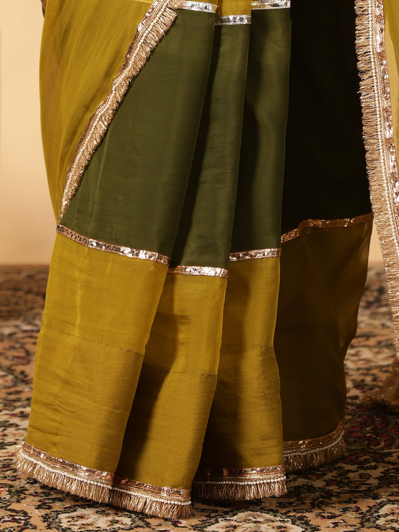 Harvest Green & Amber Olive Viscose Organza Multi Panelled Saree With Designer Lace-Binks