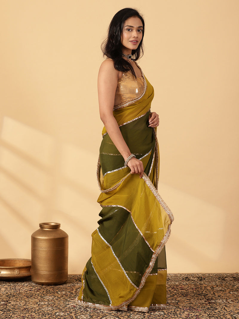 Harvest Green & Amber Olive Viscose Organza Multi Panelled Saree With Designer Lace-Binks