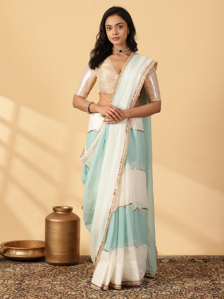 Powder Blue & Frost White Viscose Organza Multi Panelled Saree With Designer Lace, in Blue Viscose Organza.