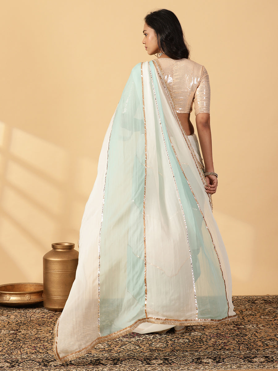 Powder Blue & Frost White Viscose Organza Multi Panelled Saree With Designer Lace, in Blue Viscose Organza (view 2).