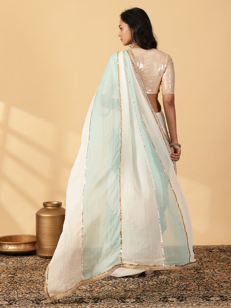 Powder Blue & Frost White Viscose Organza Multi Panelled Saree With Designer Lace, in Blue Viscose Organza (view 2).