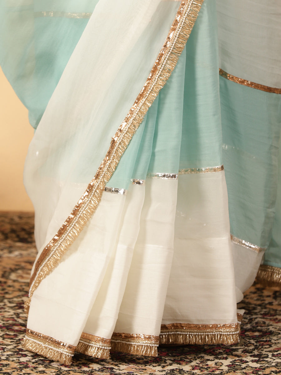 Powder Blue & Frost White Viscose Organza Multi Panelled Saree With Designer Lace, in Blue Viscose Organza (view 5).
