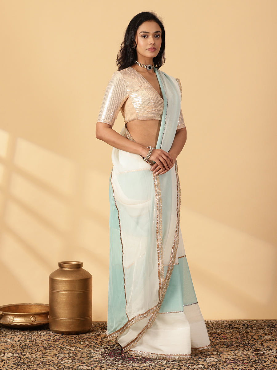 Powder Blue & Frost White Viscose Organza Multi Panelled Saree With Designer Lace, in Blue Viscose Organza (view 7).