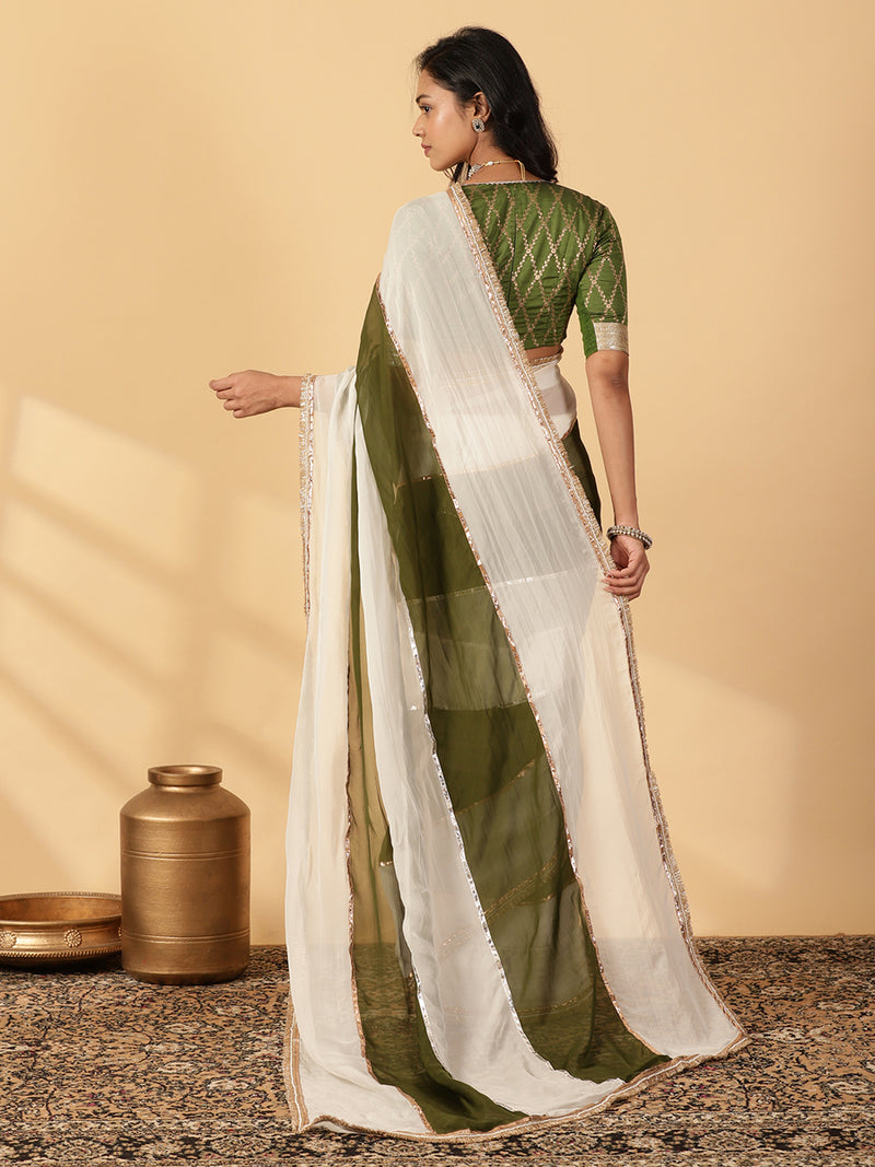 Harvest Green & Frost White Viscose Organza Multi Panelled Saree With Designer Lace-Binks