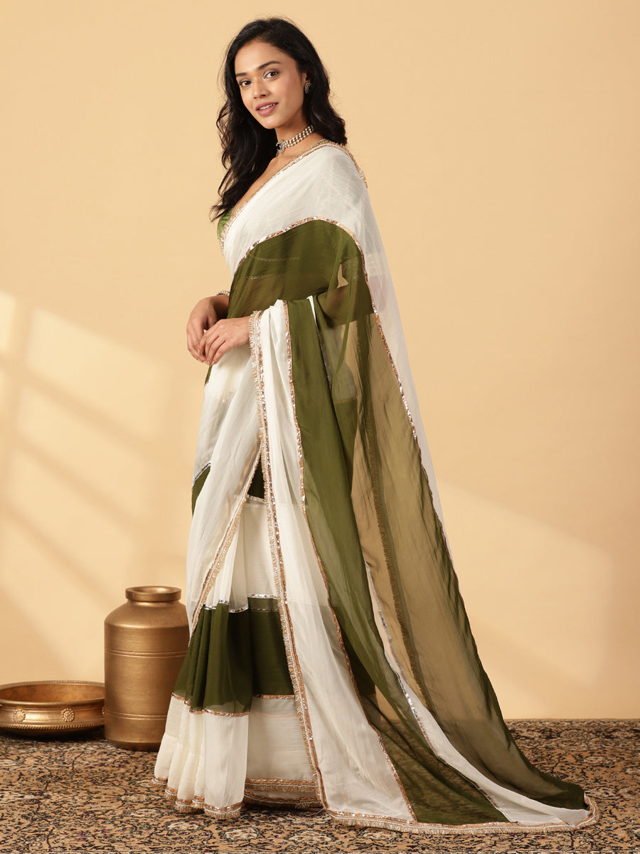 Harvest Green & Frost White Viscose Organza Multi Panelled Saree With Designer Lace, in Green Viscose Organza (view 5).