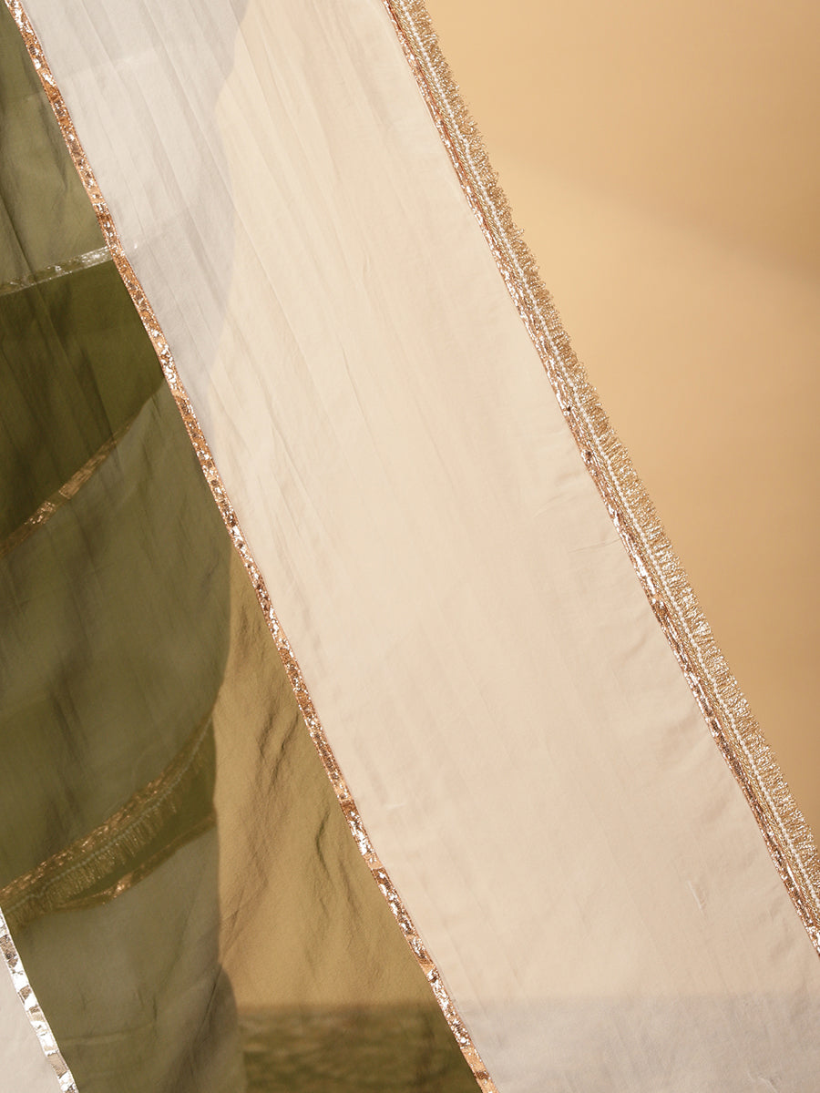Harvest Green & Frost White Viscose Organza Multi Panelled Saree With Designer Lace, in Green Viscose Organza (view 8).