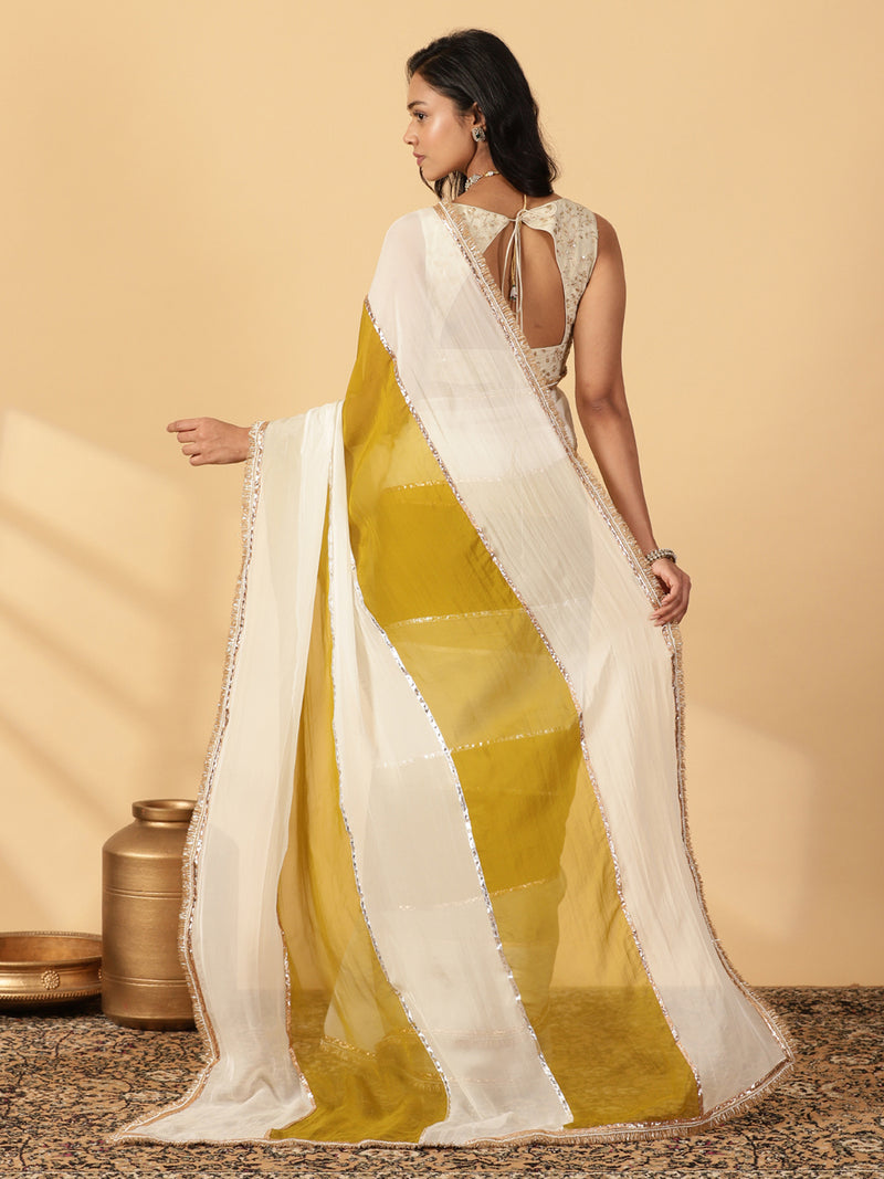 Amber Olive & Frost White Viscose Organza Multi Panelled Saree With Designer Lace