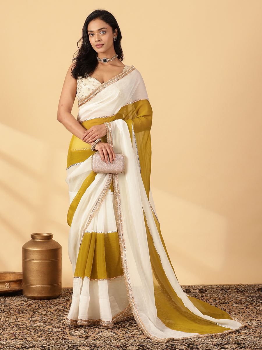 Amber Olive & Frost White Viscose Organza Multi Panelled Saree With Designer Lace, in Green Viscose Organza (view 3).