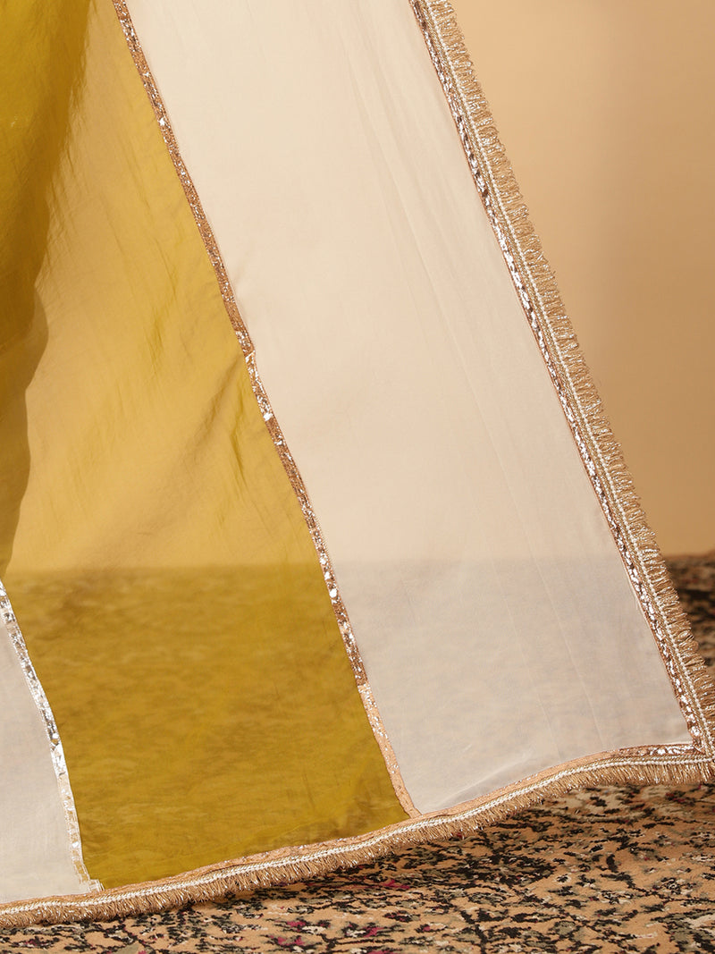 Amber Olive & Frost White Viscose Organza Multi Panelled Saree With Designer Lace