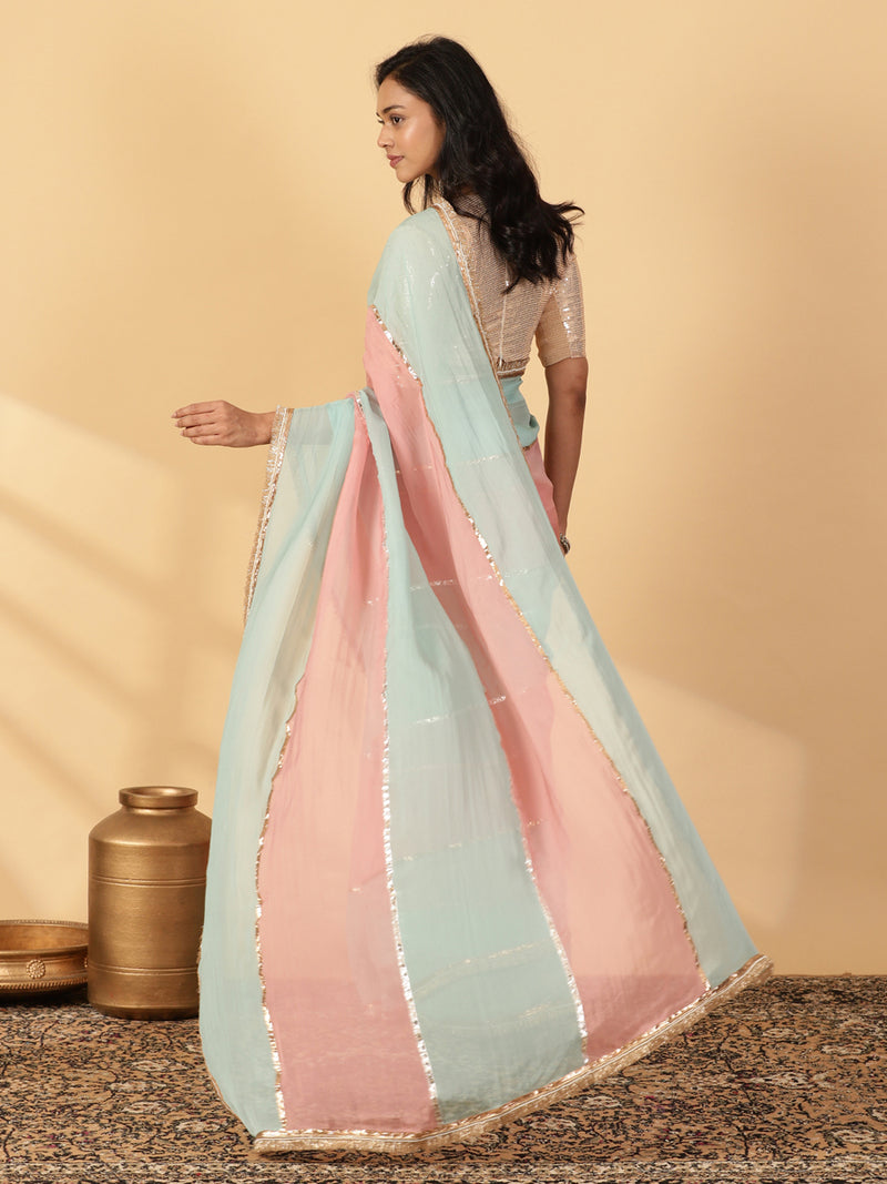 Cloudy Pink & Powder Blue Viscose Organza Multi Panelled Saree With Designer Lace-Binks