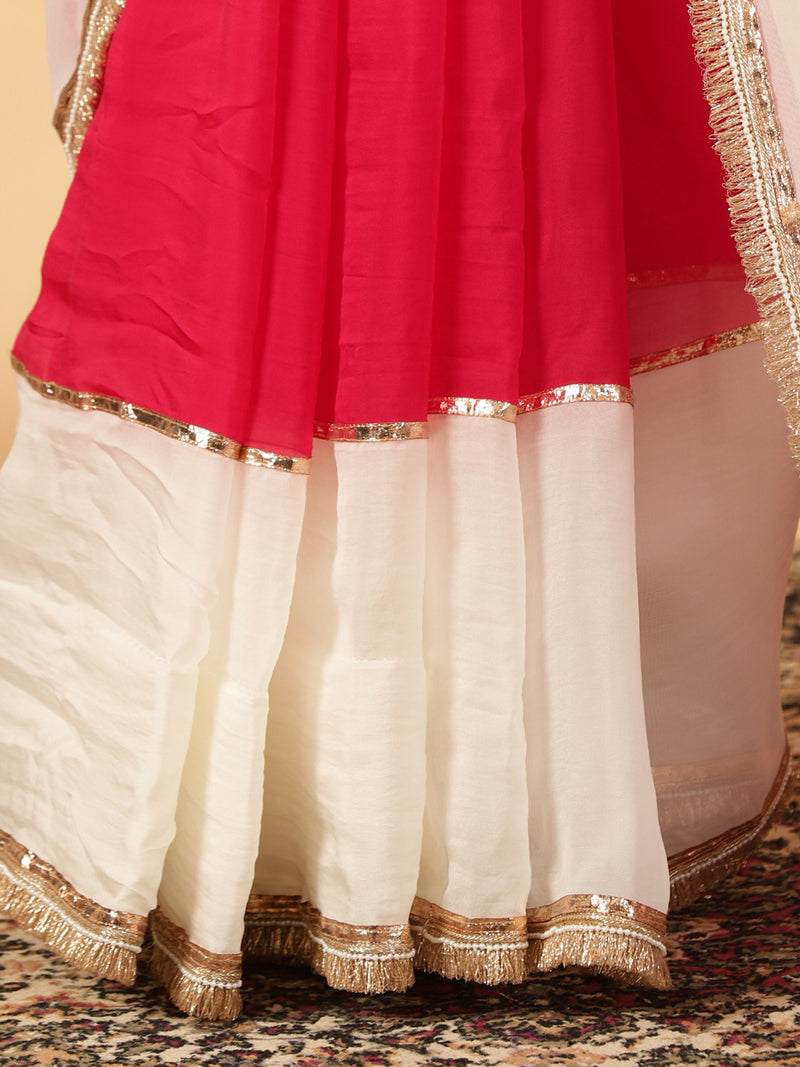 Pink Rush & Frost White Viscose Organza Multi Panelled Saree With Designer Lace-Binks