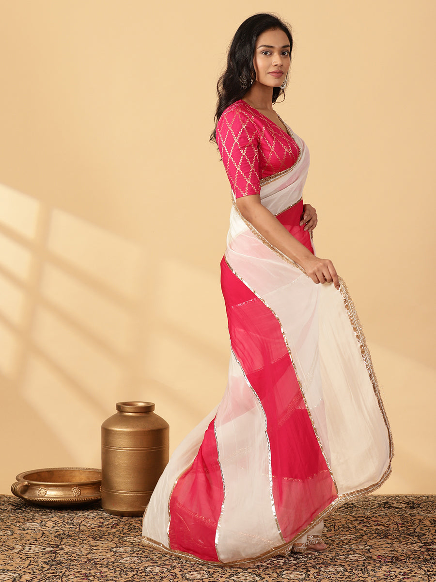 Pink Rush & Frost White Viscose Organza Multi Panelled Saree With Designer Lace, in Pink Viscose Organza (view 7).