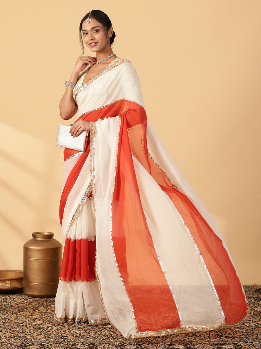 Candy Orange & Frost White Viscose Organza Multi Panelled Saree With Designer Lace, in Orange Viscose Organza.