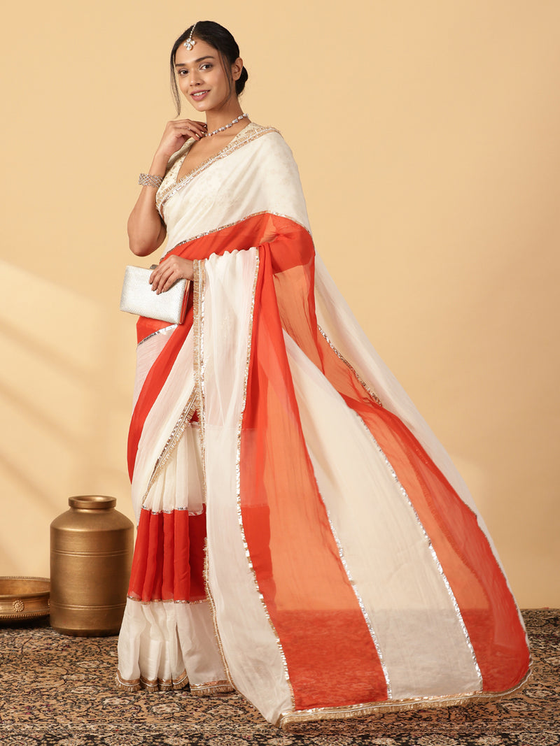 Candy Orange & Frost White Viscose Organza Multi Panelled Saree With Designer Lace-Binks