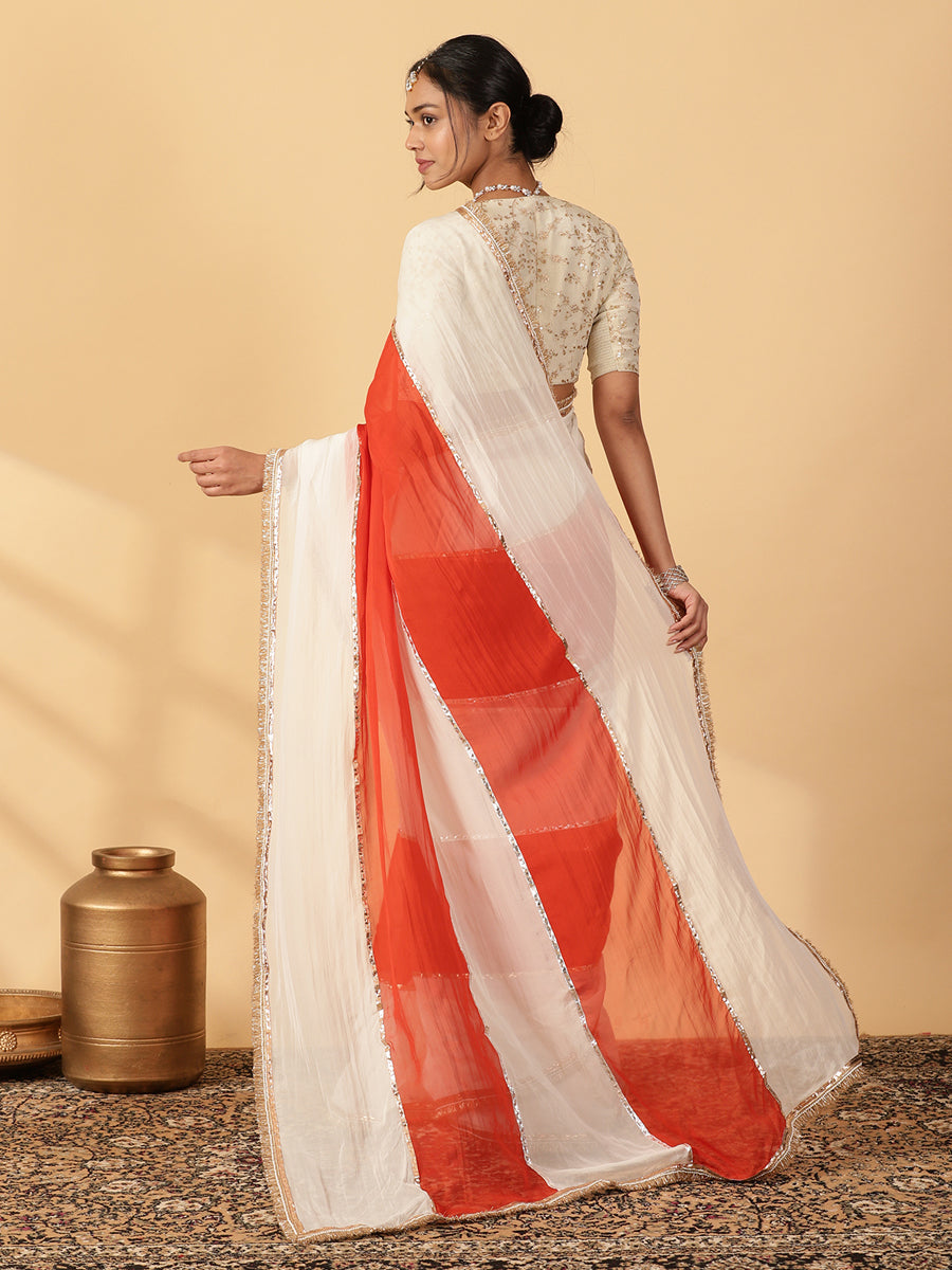 Candy Orange & Frost White Viscose Organza Multi Panelled Saree With Designer Lace, in Orange Viscose Organza (view 2).