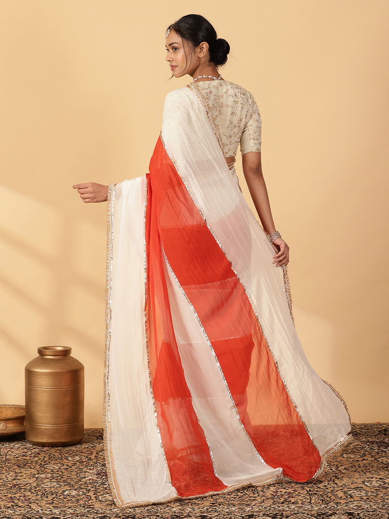 Candy Orange & Frost White Viscose Organza Multi Panelled Saree With Designer Lace, in Orange Viscose Organza (view 2).
