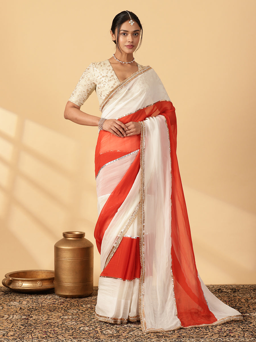 Candy Orange & Frost White Viscose Organza Multi Panelled Saree With Designer Lace, in Orange Viscose Organza (view 5).