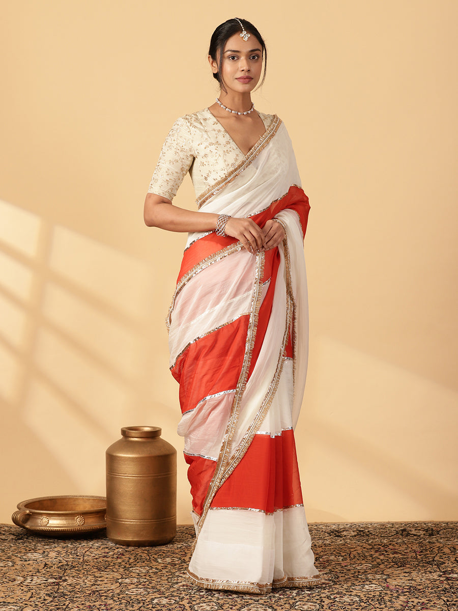 Candy Orange & Frost White Viscose Organza Multi Panelled Saree With Designer Lace, in Orange Viscose Organza (view 6).