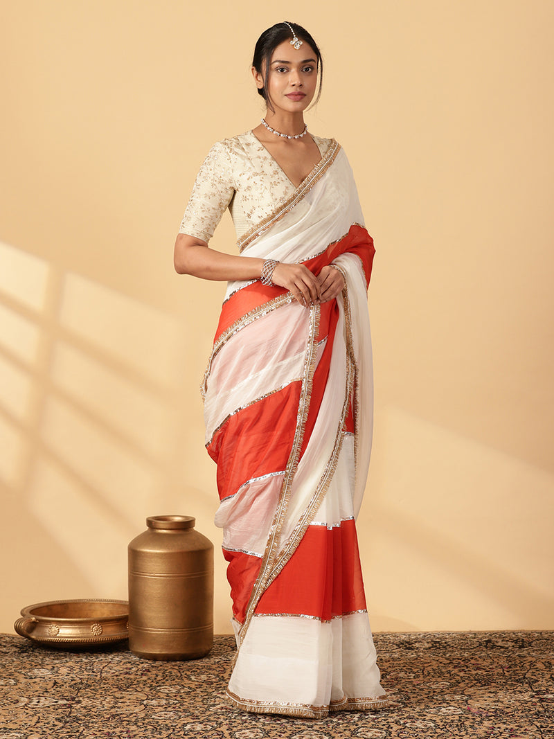 Candy Orange & Frost White Viscose Organza Multi Panelled Saree With Designer Lace-Binks
