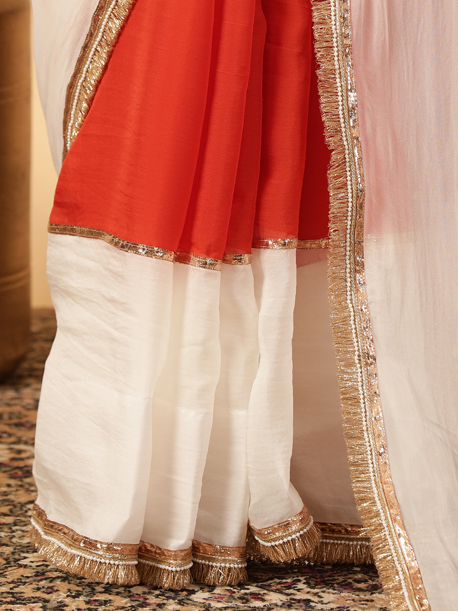 Candy Orange & Frost White Viscose Organza Multi Panelled Saree With Designer Lace, in Orange Viscose Organza (view 8).