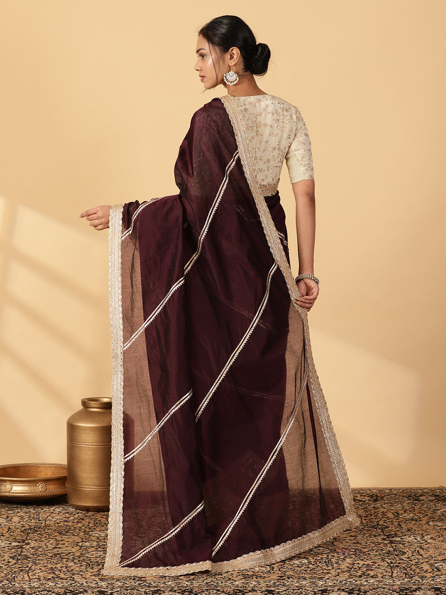 Black Chandheri Heritage Gota Work Saree With Designer Embroidered Lace Work, in Black Chandheri, made for party & festive.
