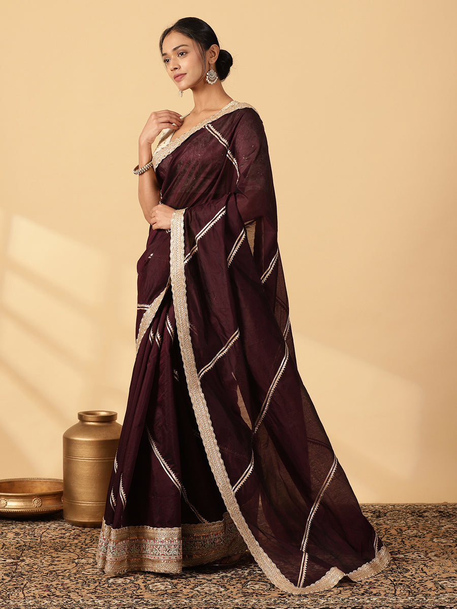 Black Chandheri Heritage Gota Work Saree With Designer Embroidered Lace Work, in Black Chandheri, made for party & festive.