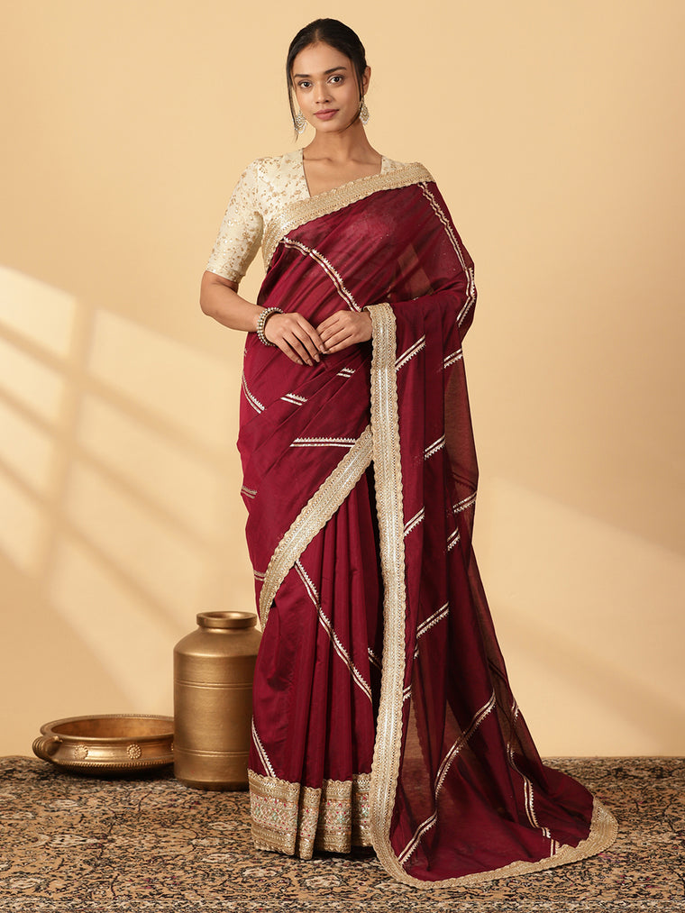Deep Burgundy Chandheri Heritage Gota Work Saree With Designer Embroidered Lace Work, in Maroon Chandheri.