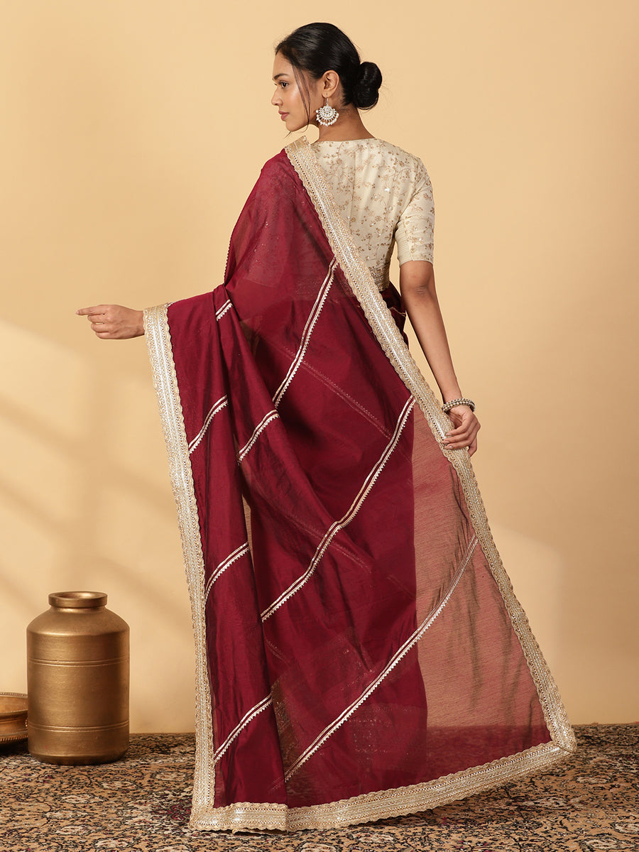 Deep Burgundy Chandheri Heritage Gota Work Saree With Designer Embroidered Lace Work, in Maroon Chandheri (view 2).