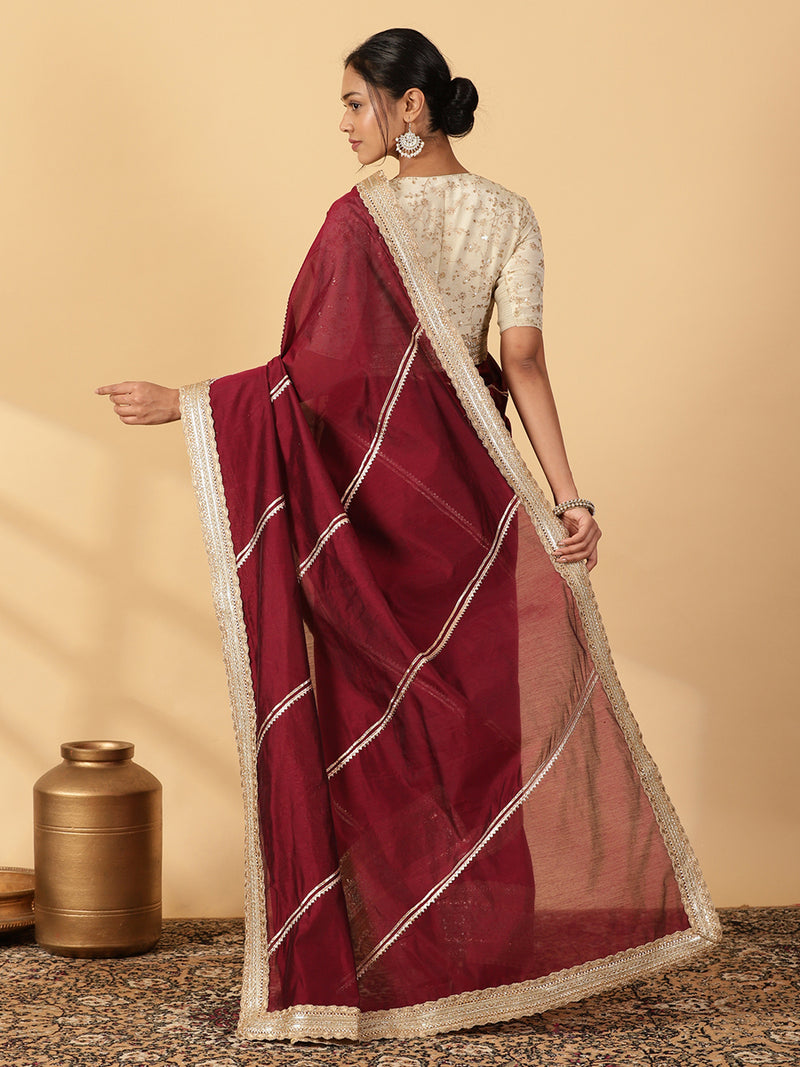 Deep Burgundy Chandheri Heritage Gota Work Saree With Designer Embroidered Lace Work-Binks