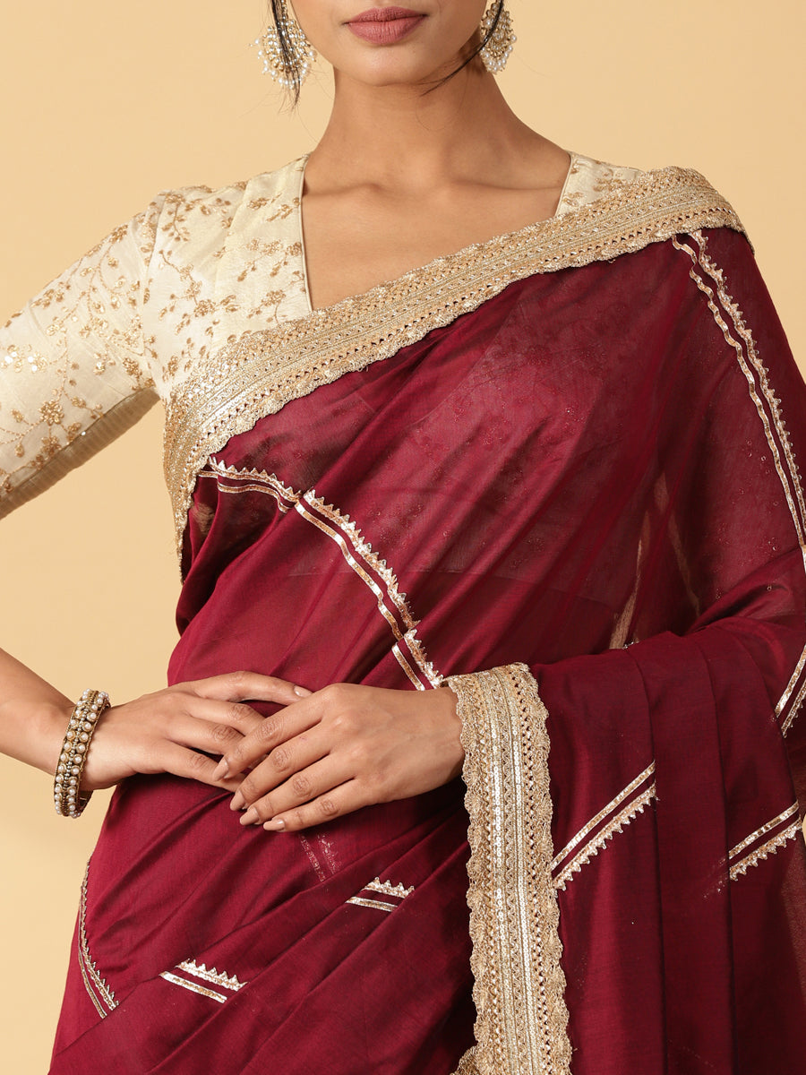 Deep Burgundy Chandheri Heritage Gota Work Saree With Designer Embroidered Lace Work, in Maroon Chandheri (view 3).