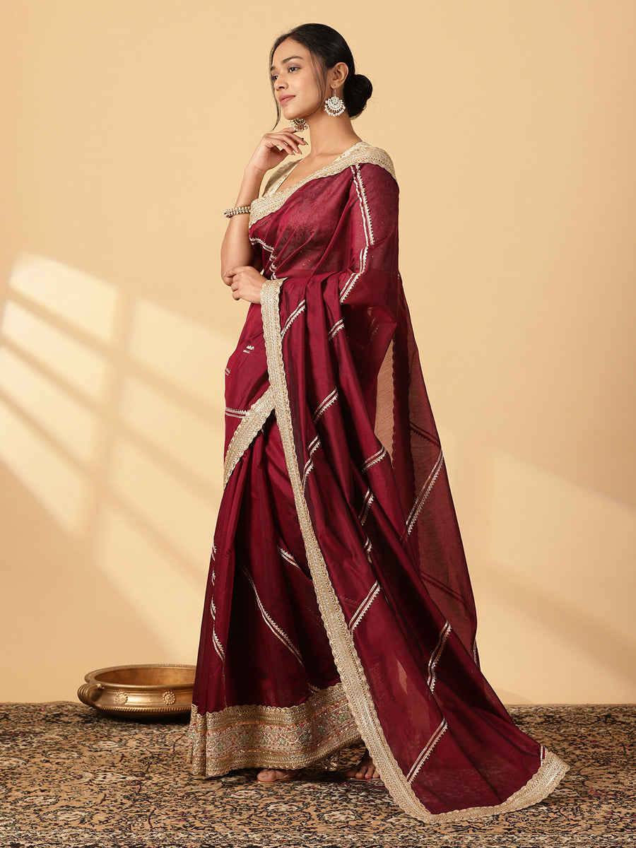 Deep Burgundy Chandheri Heritage Gota Work Saree With Designer Embroidered Lace Work, in Maroon Chandheri (view 7).