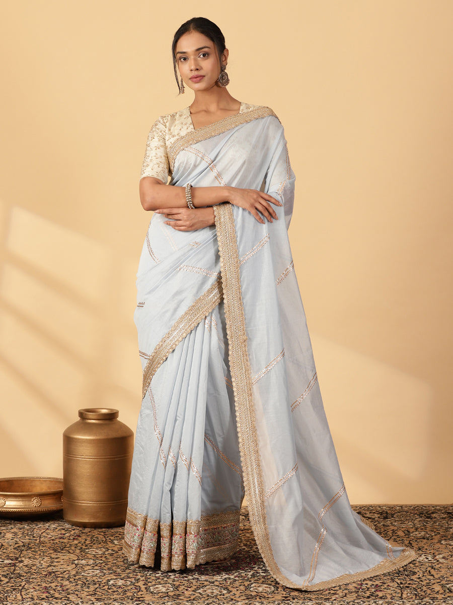 Powder Blue Chandheri Heritage Gota Work Saree With Designer Embroidered Lace Work