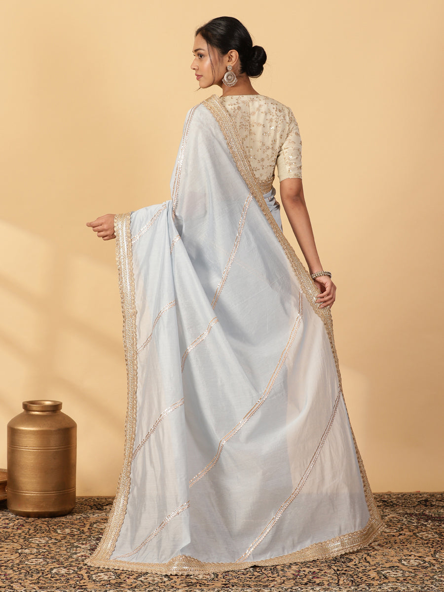 Powder Blue Chandheri Heritage Gota Work Saree With Designer Embroidered Lace Work, in Blue Chandheri (view 2).